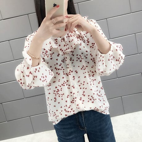 レディース ハート柄ブラウス ハート柄シャツ トップス フリル 薄手 長袖 シフォン フレア袖 ガーリー フェミニン 韓国ファッション (DCT-591142140695)