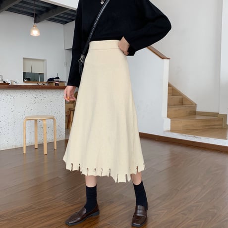 ニットスカート ミドル丈 Aライン ハイウエスト 韓国ファッション レディース スカート ニット 大人可愛い ガーリー DTC-631863287111