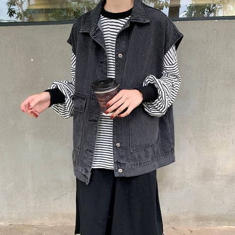 デニムベスト ジレ ベストジャケット デニム オーバーサイズ ビッグシルエット レトロ 韓国ファッション レディース ガーリー カジュアル ストリート系 DTC-651919599376