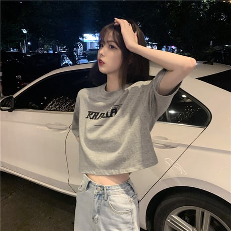 クロップド丈 Tシャツ 半袖 へそ出し ラウンドネック 韓国ファッション レディース ショート丈 トップス カットソー 夏 大人可愛い ガーリー DTC-637698084949