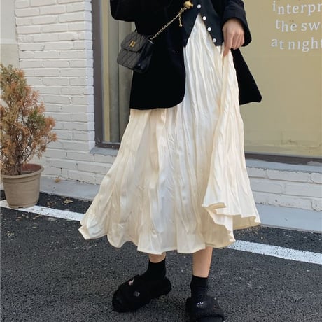 プリーツスカート ハイウエスト ロング丈 Aラインスカート フレアスカート ウエストゴム レトロ 韓国ファッション レディース 大人可愛い ガーリー フェミニン DTC-661833506858