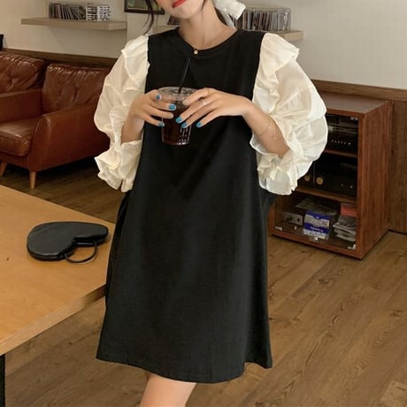 ドッキングワンピース フリル フェイクレイヤード 重ね着風 ルーズウエスト 五分袖 レトロ 韓国ファッション レディース 大人可愛い ガーリー フェミニン DTC-674948055332
