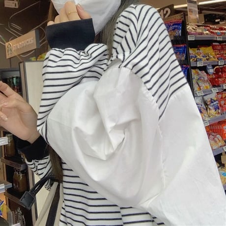 ドッキングトップス フェイクレイヤード ボーダー柄 ニット ブラウス 重ね着風 切替 長袖 レトロ 韓国ファッション レディース 大人可愛い ガーリー DTC-680518160120