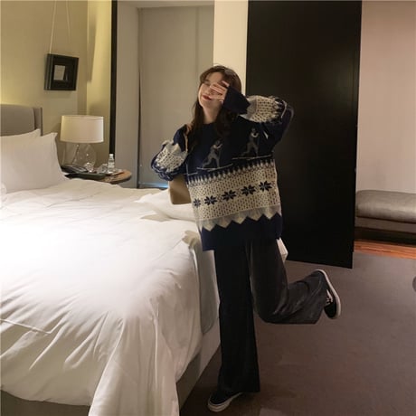 セットアップ ノルディック柄 セーター ＋ コーデュロイパンツ ワイドパンツ 韓国ファッション レディース ニット ウエストゴム (DTC-608882795600)