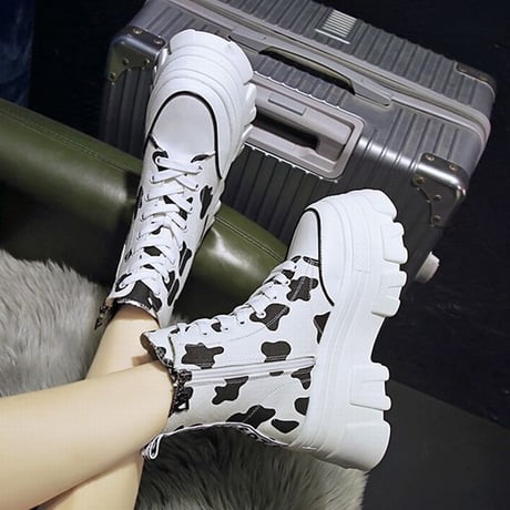 厚底 キャンバススニーカー ハイカット 22.5～24.5cm シューレース サイドファスナー 牛柄 ベーシック カジュアル 大人可愛い ガーリー DTC-650901386927