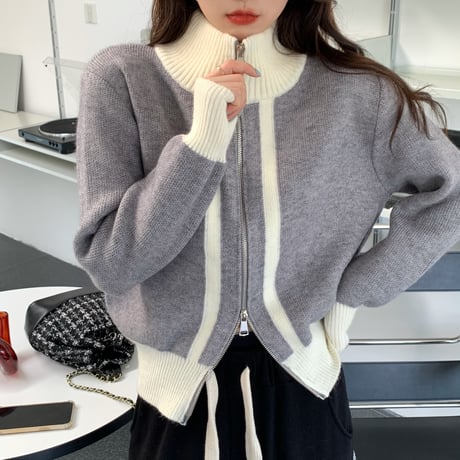 ニットカーディガン ジップアップ ハイネック 配色 カーディガン ニット 長袖 韓国ファッション レディース 大人可愛い ガーリー カジュアル DTC-660368701085