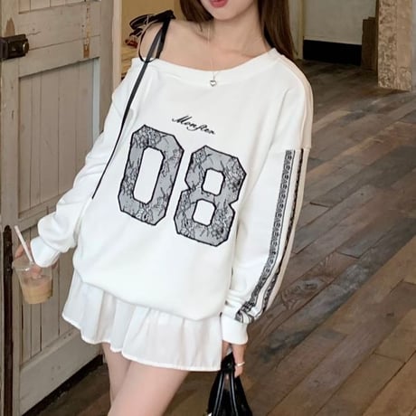 スウェット レース ワンショルダー オフショルダー ナンバーロゴ オーバーサイズ 長袖 レトロ 韓国ファッション レディース 大人可愛い ガーリー カジュアル DTC-827120038754