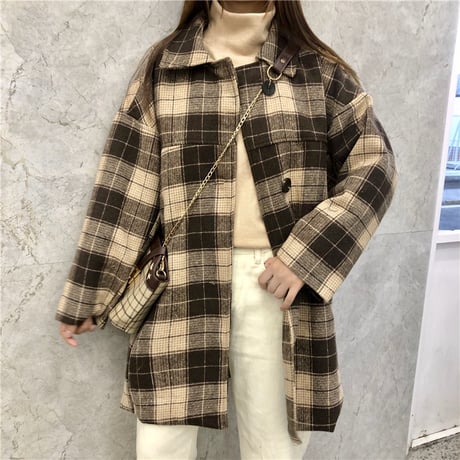 チェックコート シングルブレスト 韓国 ファッション レディース コート チェック柄 アウター ウールコート シングルブレスト レトロ (DTC-603665766891)