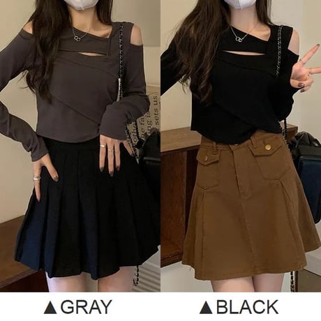ロンT ショルダーオープン カットデザイン ショート丈 トップス 肌見せ カットソー tシャツ 無地 プルオーバー 長袖 レトロ 大人可愛い ガーリー DTCA-762797694809