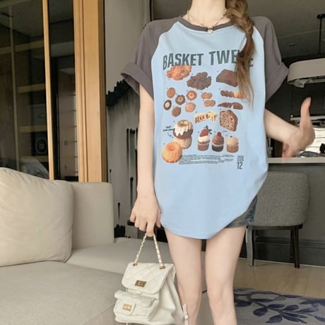 Tシャツ 半袖 グラフィックプリント バイカラー トップス 半袖Tシャツ クルーネック オーバーサイズ ルーズ ゆったり カジュアル 韓国ファッション レディース DTC-714620878650