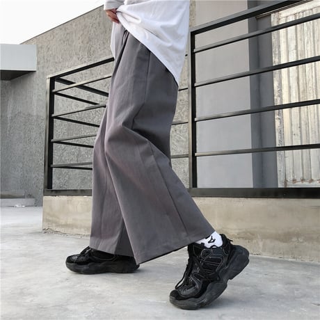 ユニセックス ワイドパンツ S M L XL ワイドレッグパンツ ウエスト紐 9分丈 ハイウエスト ゆったり 韓国ファッション メンズ レディース カジュアル DTC-638334168423