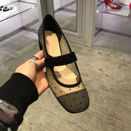 レディース ドット柄メッシュパンプス スクエアヘッド マジックテープストラップ レース ヒール3cm 韓国ファッション (DCT-565732223616)
