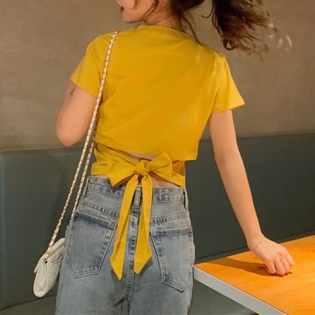 バックリボン tシャツ バックレス ウエスト見せ ショート丈 クルーネック 半袖 トップス レトロ 大人可愛い ガーリー カジュアル DTCA-732666685652