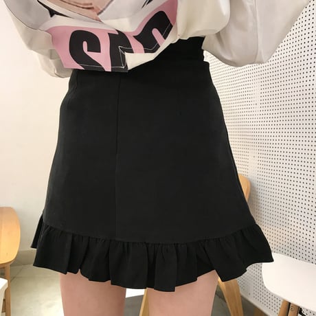 フィッシュテール スカート 裾フリル フロントボタン 韓国ファッション レディース フィット タイト 台形 ショート 無地 ハイウエスト 大人可愛い ガーリー DTC-598590628175