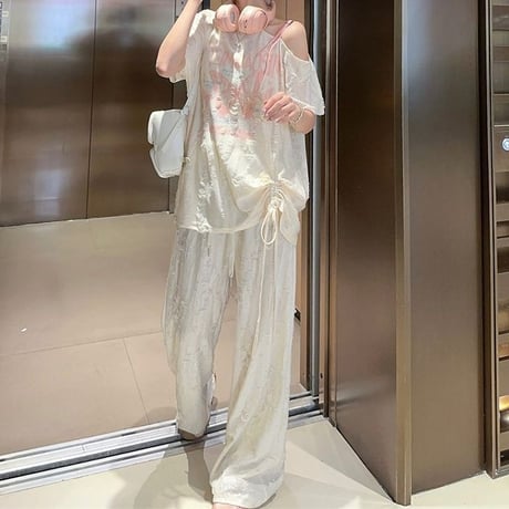 セットアップ 単品 ユーズド加工 Tシャツ ワイドパンツ ホルターネック ワンショルダー ドロスト 半袖 レトロ 韓国ファッション レディース 大人可愛い ガーリー DTC-805276142417
