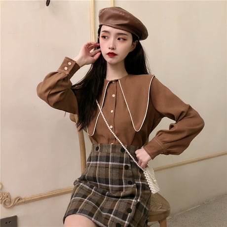 ブラウス シャツ 大きい襟 長袖 韓国ファッション レディース トップス ゆったり レトロ 大人可愛い ガーリー DTC-625130861610