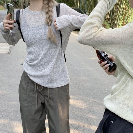 シアートップス パラシュートパンツ シアーTシャツ トップス ワイドパンツ ドローコード 長袖 セットアップ 韓国ファッション レディース 大人可愛い ガーリー DTC-768485999145