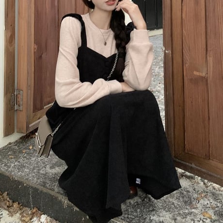 フェイクレイヤード ワンピース ドッキングワンピース ウエストゴム ハイウエスト  Aライン 長袖 レトロ 韓国ファッション レディース 大人可愛い ガーリー DTC-748824810750
