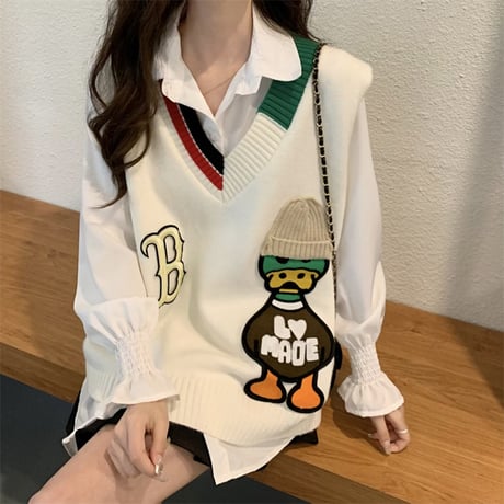 ニットベスト Vネック 不規則デザイン マガモ マルチカラー ルーズ シンプル レトロ 韓国ファッション レディース ガーリー カジュアル DTC-666231453890