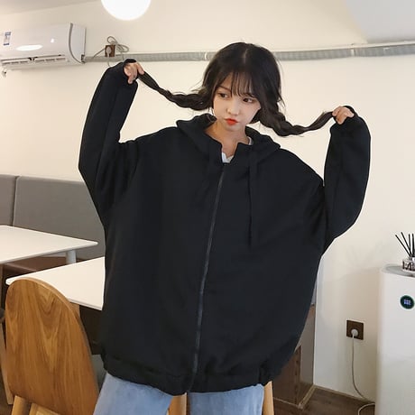 ジップアップ パーカー スウェット 韓国ファッション レディース バックプリント 英字 オーバーサイズ 秋 冬 大人カジュアル (DTC-561821959124)