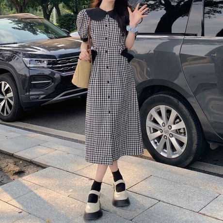 チェック柄 シャツワンピース リボン ロングワンピース 襟付き パフスリーブ ハイウエスト 半袖 レトロ 韓国ファッション レディース 大人可愛い ガーリー DTC-675221692173