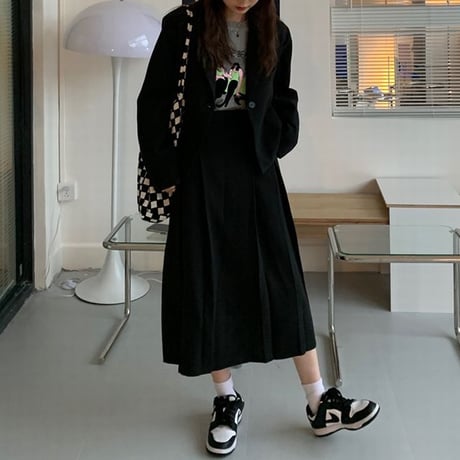 セットアップ ジャケット プリーツスカート ブラック ロングスカート ハイウエスト 2点セット 長袖 レトロ 韓国ファッション レディース 大人可愛い ガーリー DTC-666796163703