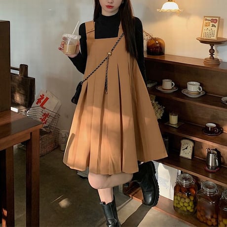 セットアップ トップス ジャンパースカート ジャンスカ プリーツ スクエアネック ハイウエスト 長袖 ゆったり 韓国ファッション レディース 大人可愛い ガーリー DTC-656953180375