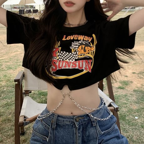 クロップド丈 Tシャツ トップス へそ出し チェーン付き 半袖 ルーズ カットソー ショート丈 韓国ファッション レディース 大人可愛い ガーリー カジュアル DTC-643229484723