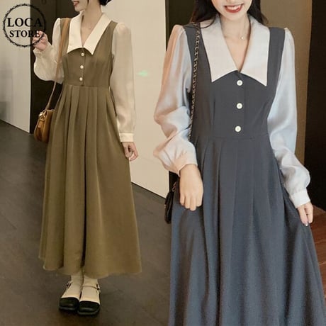 フェイクレイヤード ワンピース ドッキングワンピース ブラウス ジャンパースカート 長袖 ロング丈 ハイウエスト 韓国ファッション レディース 大人可愛い ガーリー DTC-658115140150