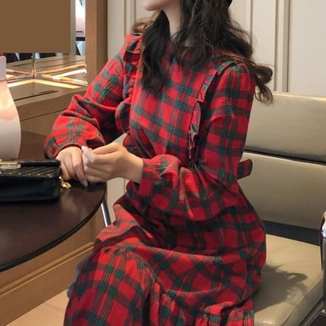 レディース チェック柄 ベルト付き ワンピース 長袖 ロングワンピース ラウンドネック 韓国ファッション オルチャン (DCT-583858540536)