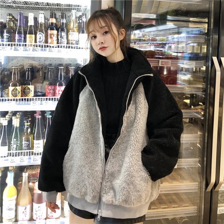 ボアブルゾン バイカラー アウター 韓国ファッション レディース ブルゾン ジャケット もこもこ フロントジッパー カジュアル 秋 冬 (DTC-605491386925)