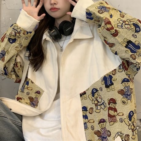 ジャケット くまちゃん ベアー ジップアップ 薄手 長袖 レトロ ルーズ 韓国ファッション レディース 大人可愛い ガーリー カジュアル ストリートファッション DTC-652685578373