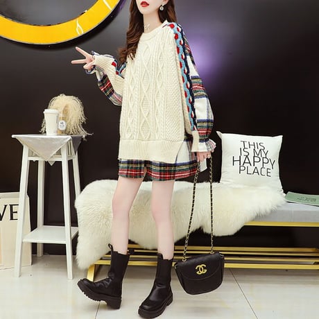 ドッキングトップス フェイクレイヤード ケーブル編み ニット ＋ チェック ネルシャツ 韓国ファッション レディース ラウンドネック 保温 大人カジュアル ガーリー DTC-628217939644