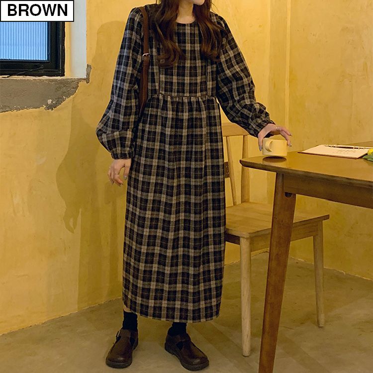 チェック柄 ワンピース 長袖 ラウンドネック ルーズウエスト チェック柄 ワンピース 長袖 ラウンドネック ルーズウエスト