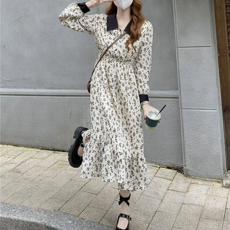 襟付き 花柄ワンピース ロング丈 伸縮性ウエスト ハイウエスト 長袖 韓国ファッション レディース 大人可愛い ガーリー フェミニンDTC-655324922378