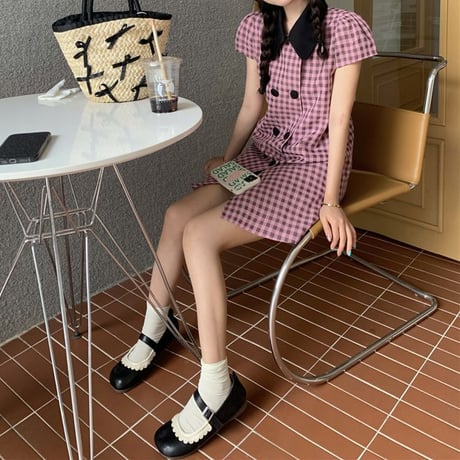 チェック柄 ワンピース ダブルボタン 襟付き ミニワンピース 半袖 ルーズウエスト ルーズ レトロ 韓国ファッション レディース 大人可愛い ガーリー DTC-674624666422