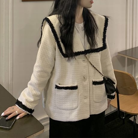 ツイード ジャケット ビッグカラー セーラー襟 アウター チェックパターン 長袖 ルーズ レトロ 韓国ファッション レディース 大人可愛い ガーリー DTC-657692094565