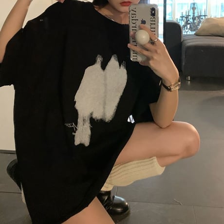 Tシャツ クラッシュ加工 オーバーサイズ ルーズ ダメージ加工 半袖 大人可愛い ガーリー カジュアル 韓国ファッション レディース 韓国ストリートファッション DTCA-671002996446