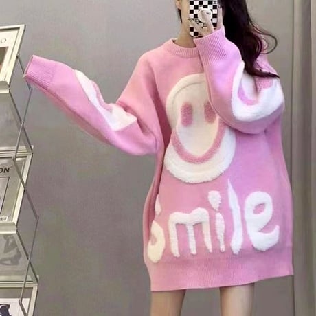 ニット スマイリー ニコちゃんマーク セーター トップス プルオーバー クルーネック ゆったり ルーズ 長袖 レトロ 大人可愛い ガーリー カジュアル DTCA-805306040326