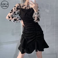 セットアップ 花柄 レーストップス キャミワンピース ギャザー ローズメッシュ ハイウエスト レトロ 韓国ファッション レディース 長袖 大人可愛い ガーリー DTC-673121230053