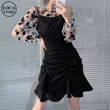 セットアップ 花柄 レーストップス キャミワンピース ギャザー ローズメッシュ ハイウエスト レトロ 韓国ファッション レディース 長袖 大人可愛い ガーリー DTC-673121230053