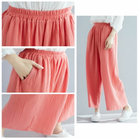 レディース ワイドレッグパンツ パステルカラー ゆったりウエストゴム 両サイドポケット 韓国ファッション (DCT-590829367634)