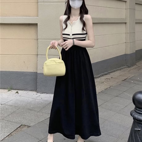 ニットワンピース ノースリーブ ファスナー サマーニット スリムフィット Aライン ロングワンピース ハイウエスト レトロ 大人可愛い ガーリー DTCA-823649264982