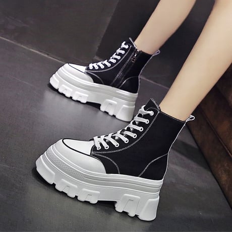厚底 キャンバススニーカー ハイカット 22.5～24.5cm シューレース サイドファスナー ブラック ベーシック カジュアル 大人可愛い ガーリー DTC-650901386927