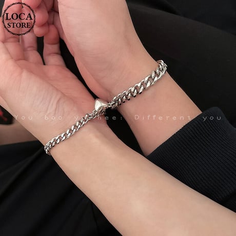 磁石で一つのハートになる ペア ブレスレット 磁石 ハート チェーン マグネット 金属アレルギー対応 シンプル チタン アクセサリー DTC-649347058292