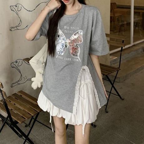 Tシャツ スパンコール バタフライ 蝶 レース スリット キラキラ トップス ルーズ 半袖 レトロ 韓国ファッション レディース 大人可愛い ガーリー DTC-797869272696