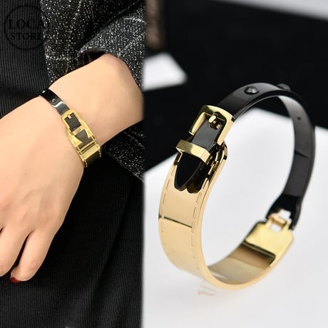 ベルトデザイン バングル 金属アレルギー対応 シンプル チタン イエローゴールド ベルトモチーフ ブレスレット アクセサリー ジュエリー DTC-641893169685