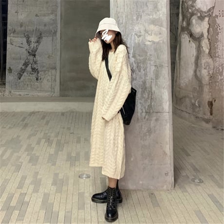 ニットワンピース ケーブル編み 韓国ファッション レディース ラウンドネック ルーズニット 長袖 春 秋 冬 大人カジュアル 韓国 (DTC-605142020234)