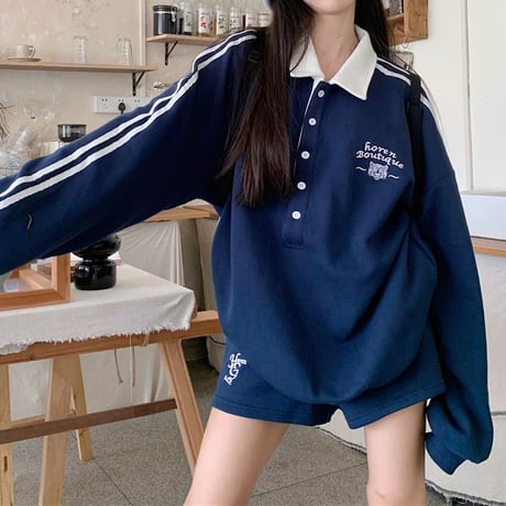 セットアップ 2点セット スウェット ショートパンツ ラガーシャツ トップス サイドライン トレーナー ルーズ 長袖 レトロ 大人可愛い ガーリー カジュアル DTC-820743639096