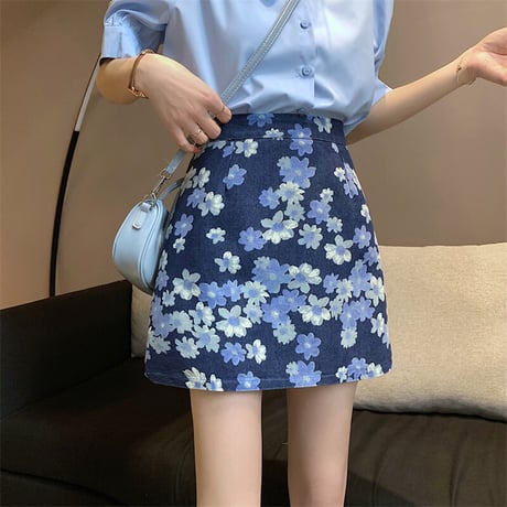 花柄 デニムスカート ミニスカート デニム 総柄 ハイウエスト レトロ 韓国ファッション レディース 大人可愛い ガーリー フェミニン カジュアル DTC-643028662409